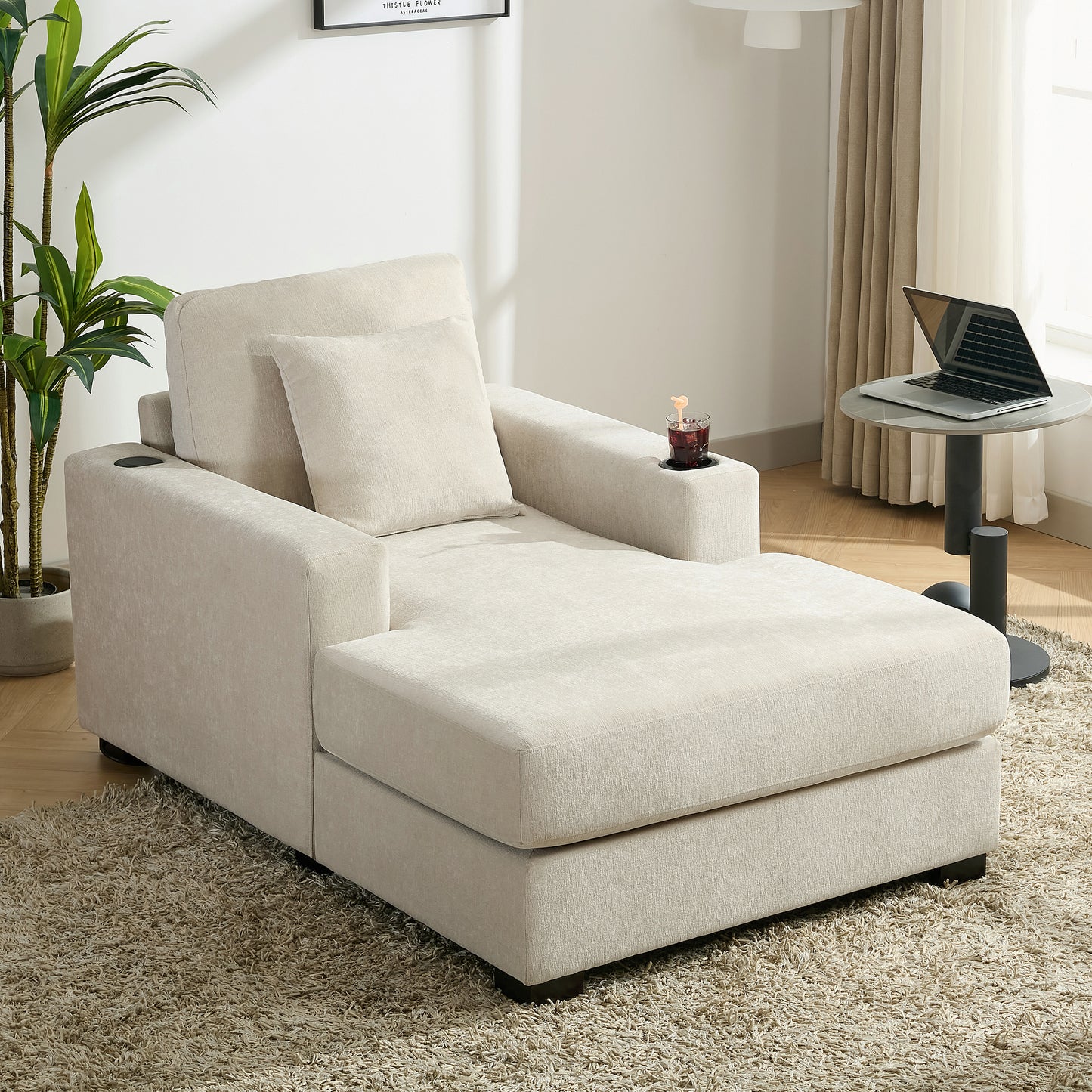 39.7" Oversized Chaise Lounger Modern Style Sofa Couch ,with Pillows, Charge Station & Cup Holders, Chenille Fabric, Cream Shello Creative Boutique