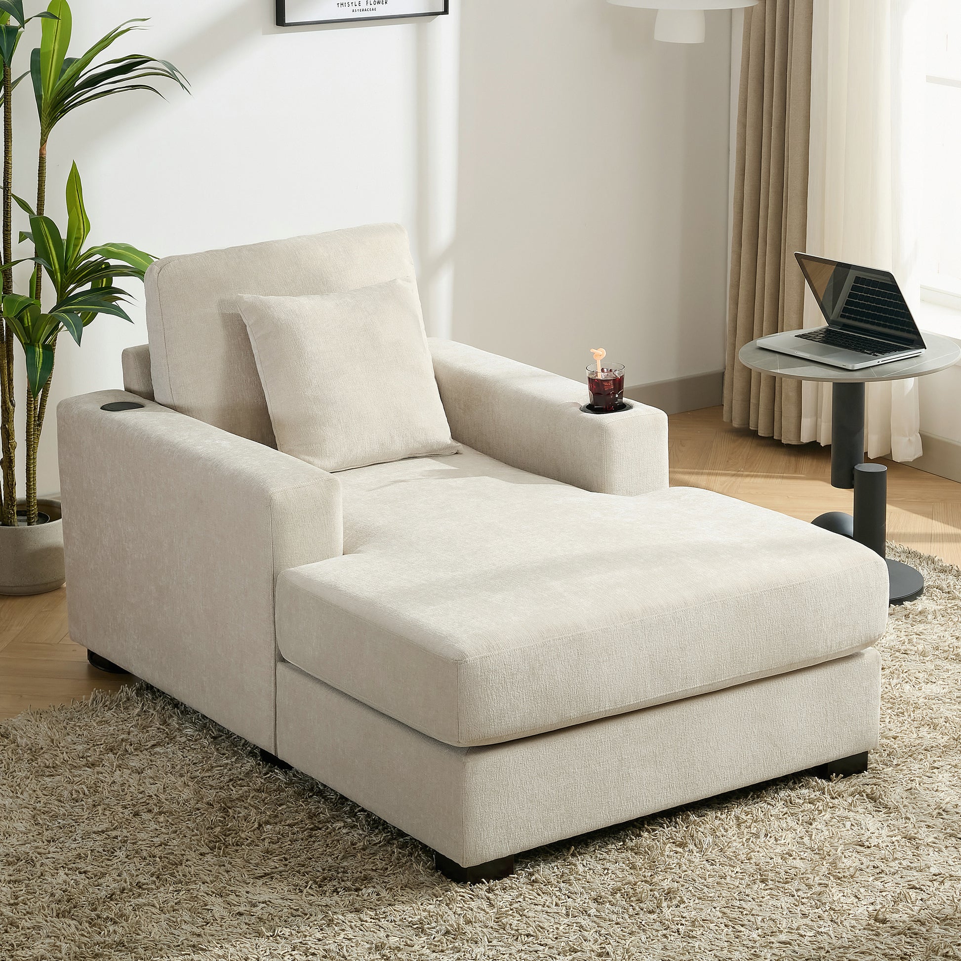 39.7" Oversized Chaise Lounger Modern Style Sofa Couch ,with Pillows, Charge Station & Cup Holders, Chenille Fabric, Cream Shello Creative Boutique