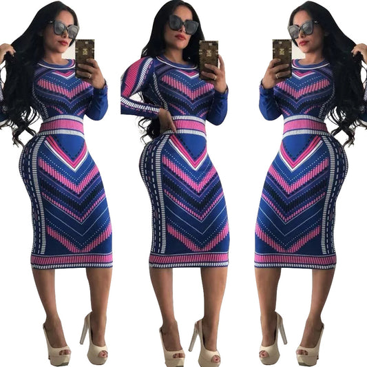 Multicolor Print Dress Four Seasons Slim Night Club Skirt Long Sleeves For Women