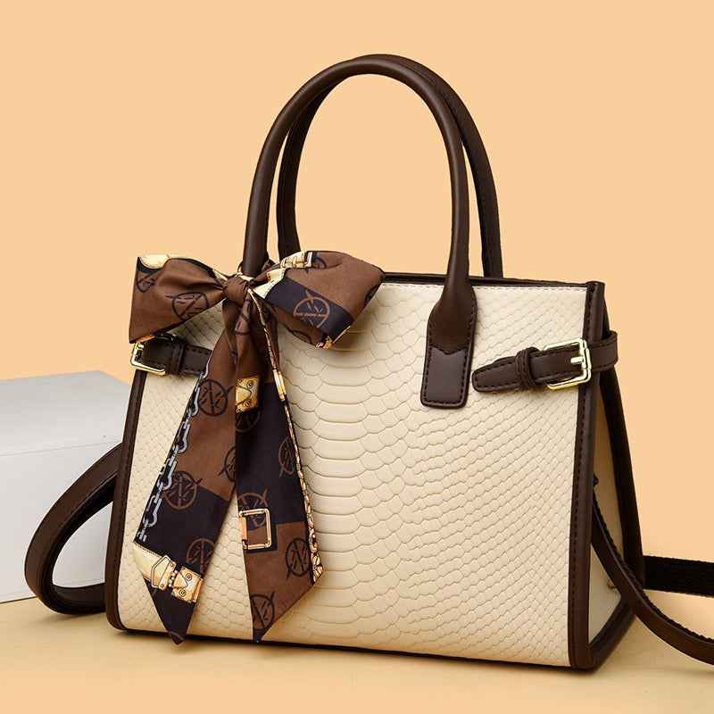 Genuine Leather Women's Briefcase - Commuting Style Bag in Embossed Snakeskin Pattern with Contrasting Color