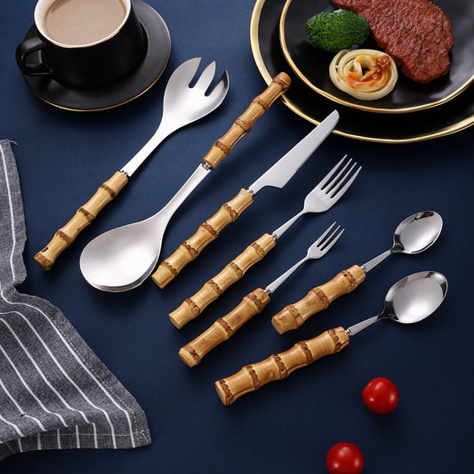 Natural Bamboo Handle Stainless Steel Tableware, Dessert Salad Spoon Fork, Bamboo Joint Handle, Western Food Steak Knife eprolo