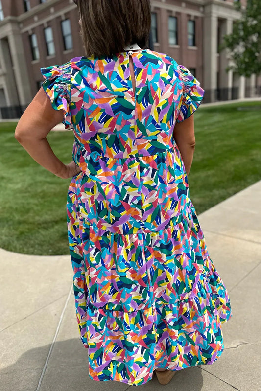 Blue Abstract Print Ruffle Sleeve Plus Size Tiered Maxi Dress - Shello's Creative Boutique