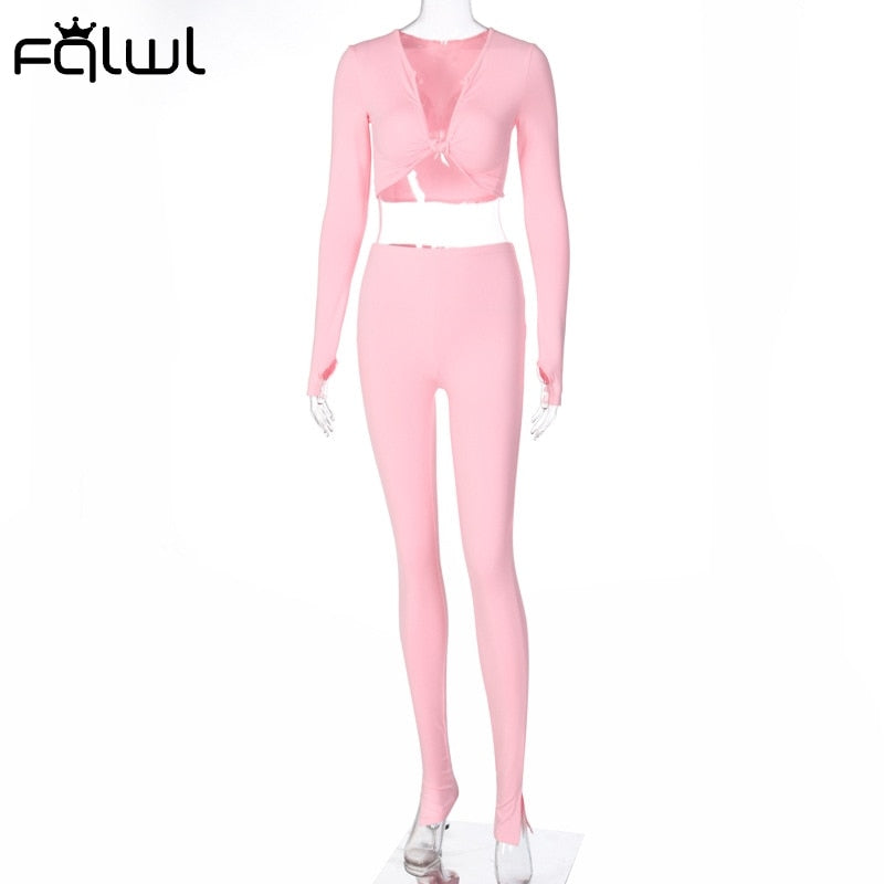 FQLWL Casual Summer 2 Two Piece Set Women Pink Outfit Long Sleeve Crop Top Leggings Women Joggers Matching Sets Ladies Tracksuit eprolo