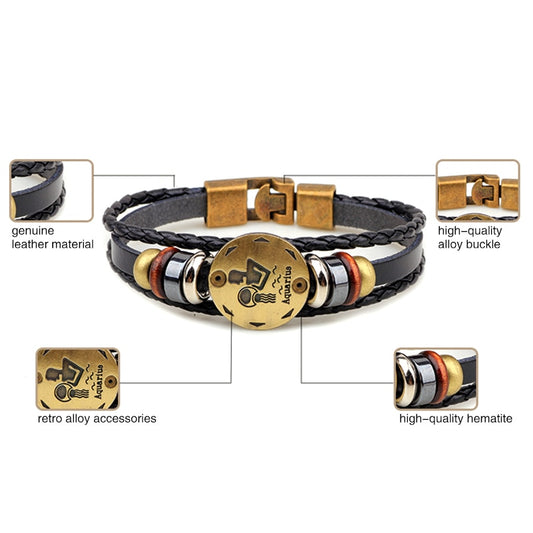 12 Horoscope Leather Bracelet Men Jewelry Vintage Retro Charm Bracelet Male Jewelry 8.2 eprolo