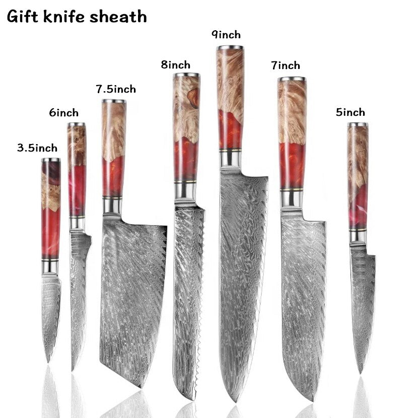 XUANFENG set of vg10 steel kitchen knife brocade machete chef knife bread knife blue resin and color wooden handle kitchen tools eprolo