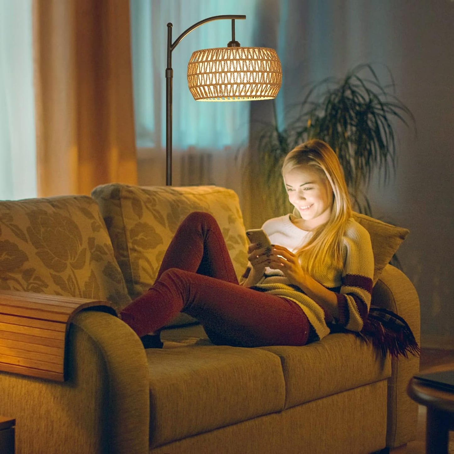 Arc Floor Lamp with Remote Control, Dimmable LED Floor Lamp with 3 Color Temperature Boho Farmhouse Tall Pole Lamp eprolo