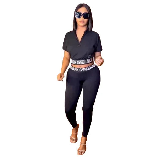 European and American women fashion casual printing black two piece set - Shello's Creative Boutique