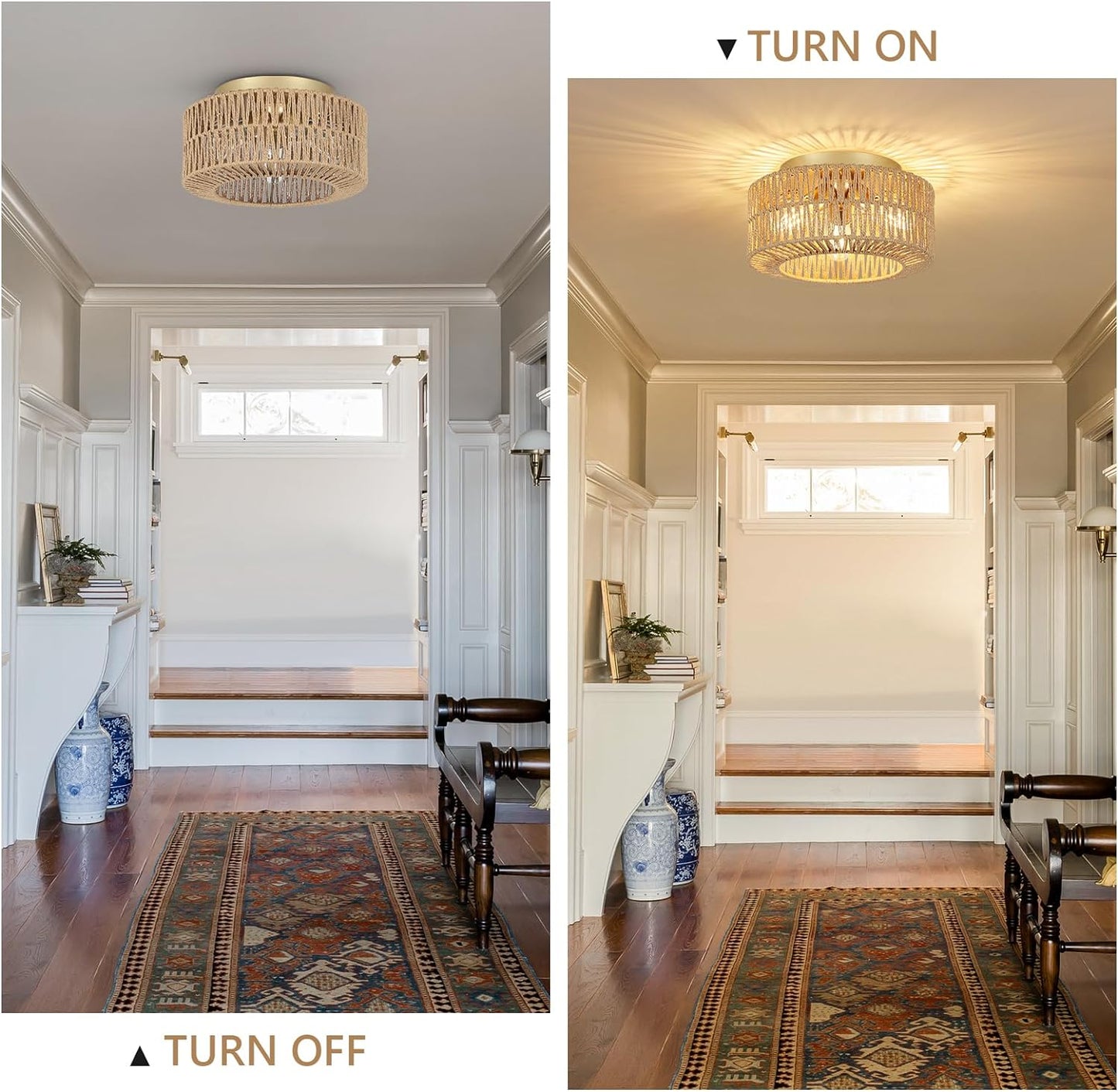 Boho Light Fixtures Ceiling Mount 3-Light Farmhouse Rattan Ceiling Light Fixture Flush Mount Ceiling Light with Hand-Woven Shade eprolo