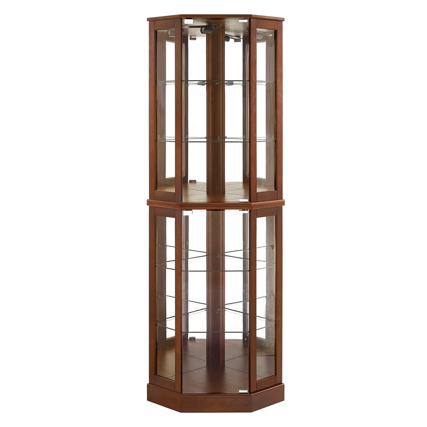 6 shelves corner Curio display cabinet with light mirror and adjustable shelves, walnut wood (excluding E26 light bulbs) eprolo