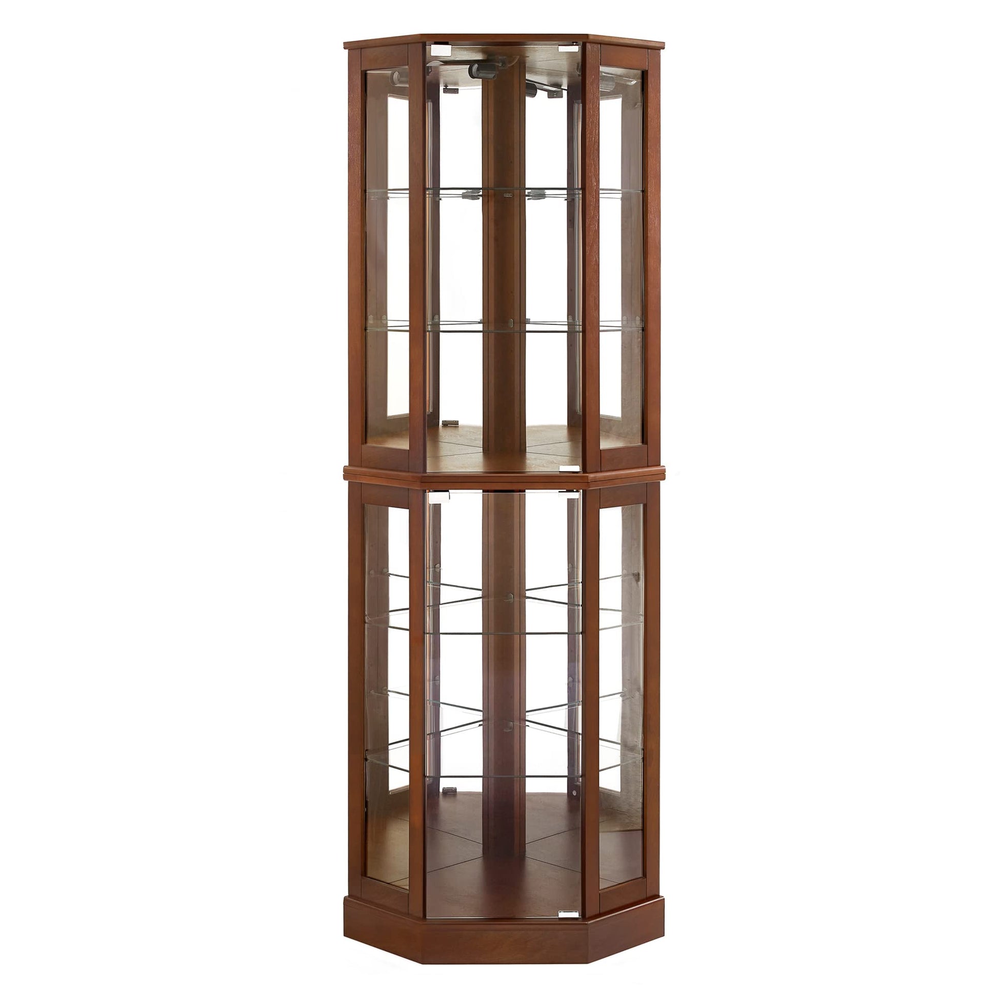 6 shelves corner Curio display cabinet with light mirror and adjustable shelves, walnut wood (excluding E26 light bulbs) eprolo