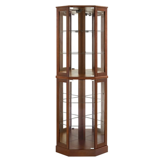6 shelves corner Curio display cabinet with light mirror and adjustable shelves, walnut wood (excluding E26 light bulbs) - Shello's Creative Boutique