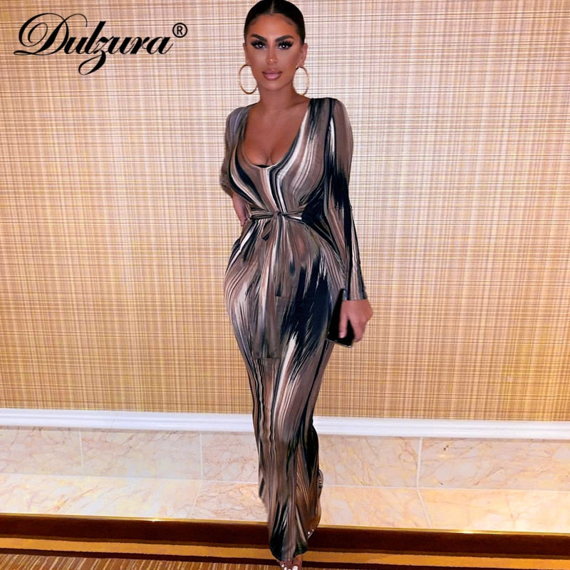 Dulzura tie dye print women midi dress long sleeve bodycon sexy bandage bodycon sexy autumn winter clothes party dinner eprolo