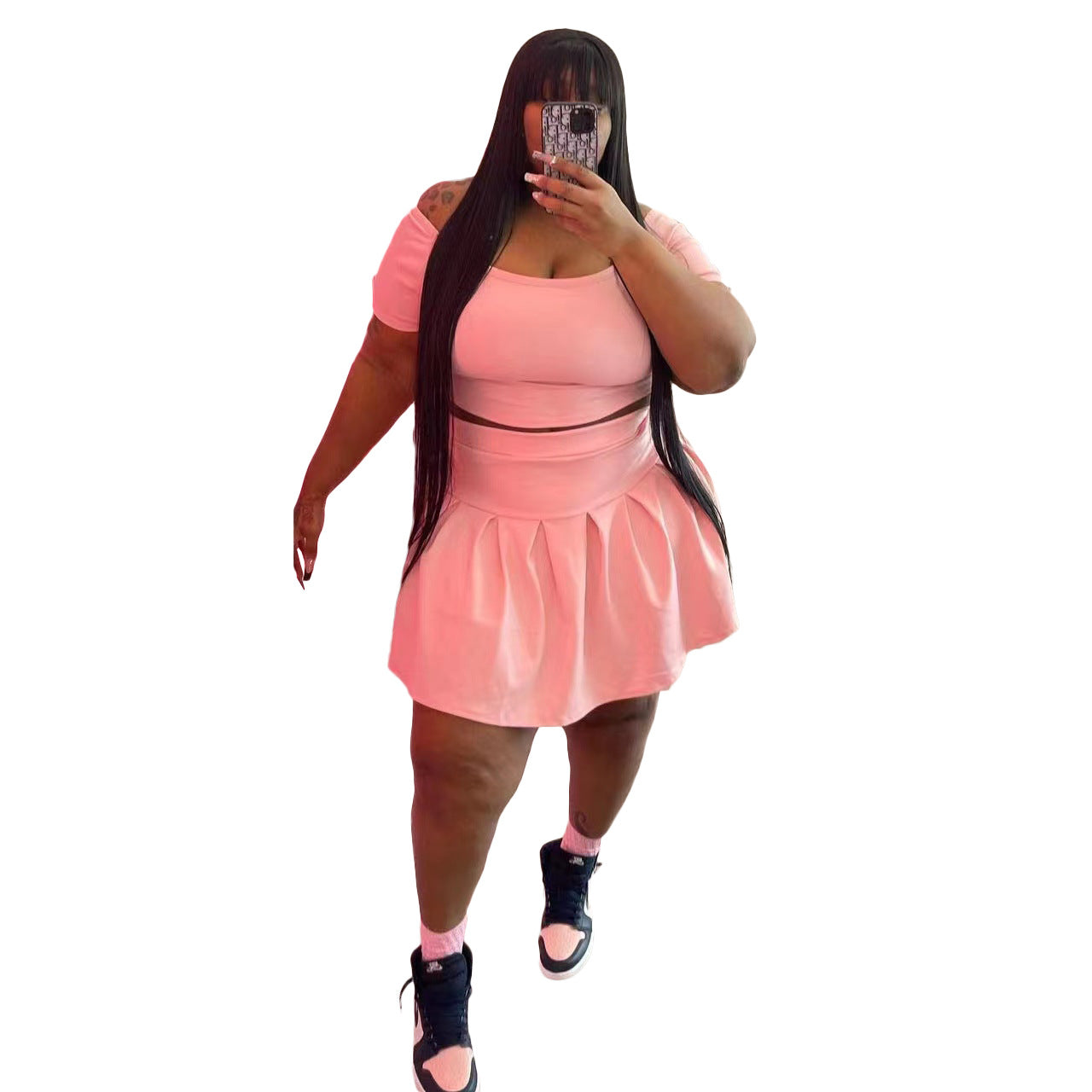 Fashion Women's New Solid Color Pleated Skirt Plus Size Two Piece Set eprolo