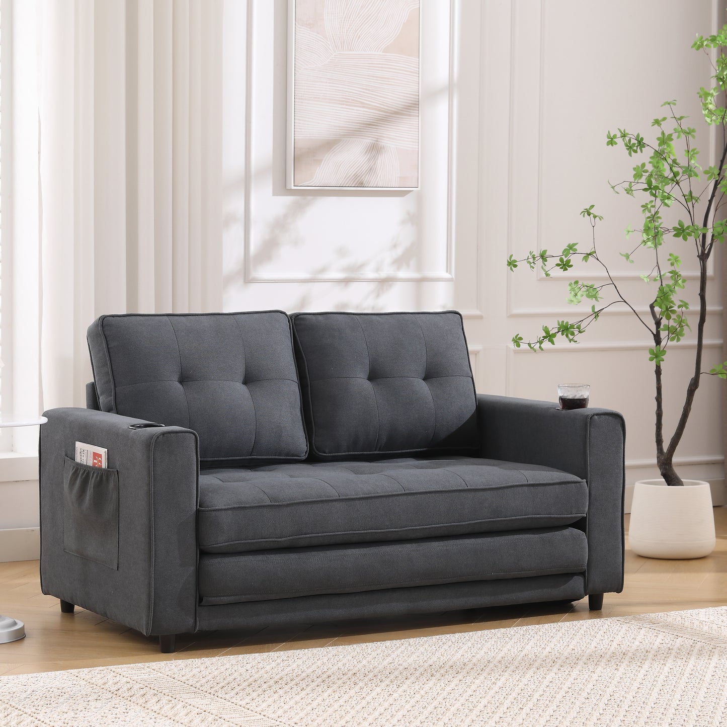 Three in one soft cushion cushion cushion sofa, folding mattress sofa bed, with side pockets and cup holder, dark gray eprolo