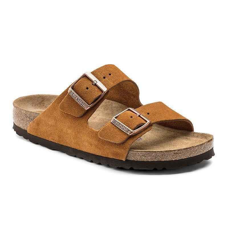 Unisex Wooden Sole Slippers with Frosted Leather Double Breasted Buttons