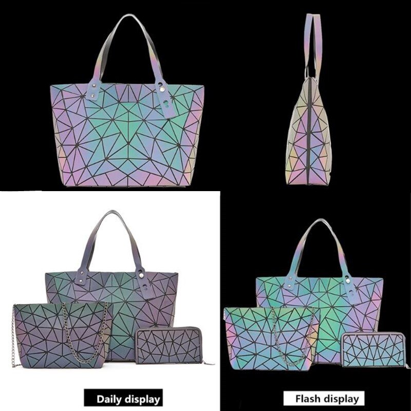 Luminous Bags for Women set folding Totes Geometric splice Lady Hand bags Chain Shoulder Bags Holographic purse