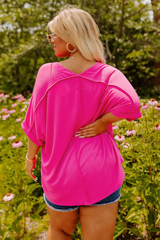 Bright Pink Seamed V Neck Plus Size Tee - Bold, Chic, and Perfect for Everyday Wear! - Shello's Creative Boutique