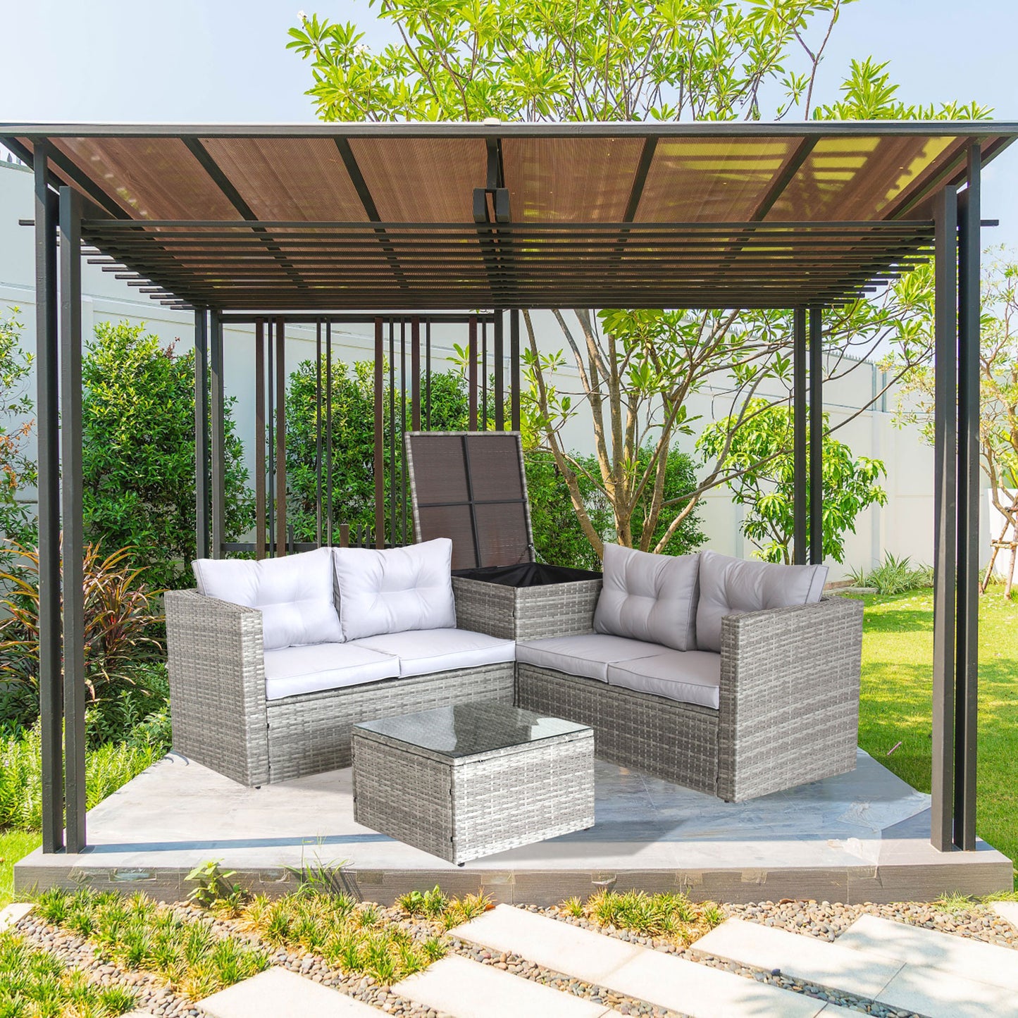 4 Piece Patio Sectional Wicker Rattan Outdoor Furniture Sofa Set with Storage Box Grey eprolo