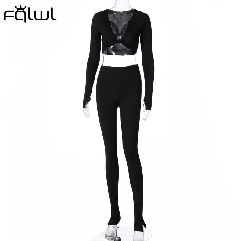 FQLWL Casual Summer 2 Two Piece Set Women Pink Outfit Long Sleeve Crop Top Leggings Women Joggers Matching Sets Ladies Tracksuit eprolo