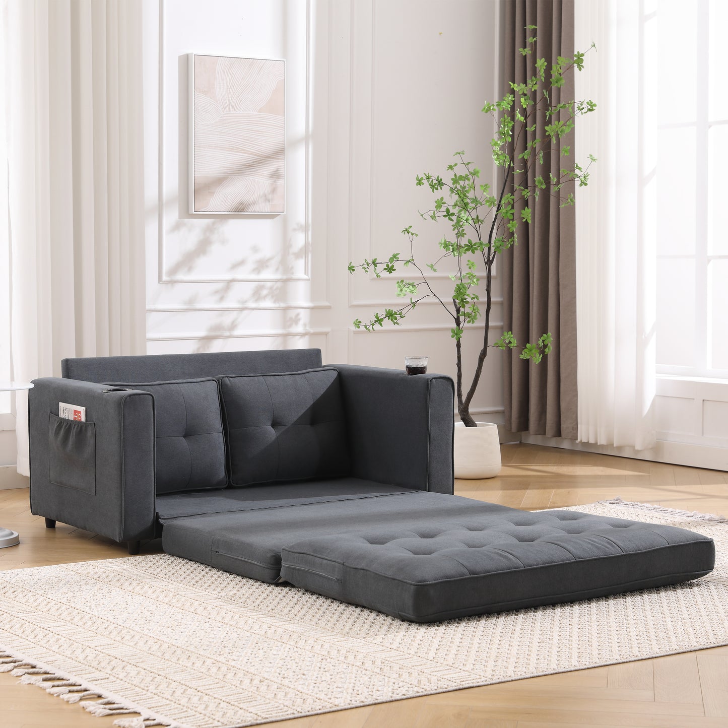 Three in one soft cushion cushion cushion sofa, folding mattress sofa bed, with side pockets and cup holder, dark gray eprolo