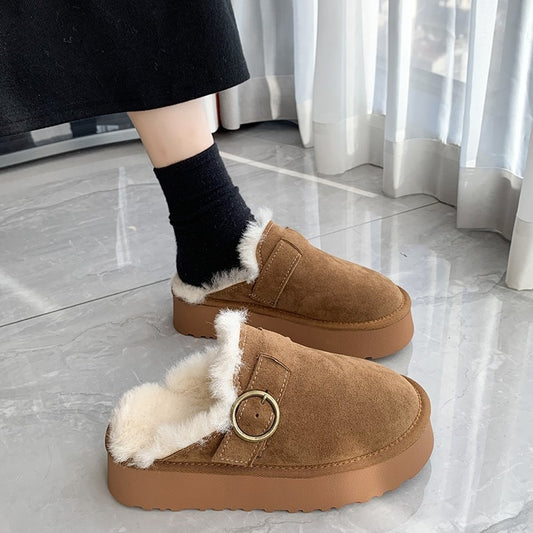 Women Thicken Plush Fur Slippers Winter Slip on Chunky Platform Loafers Mules Woman Thick Bottom Cotton Slippers Flip Flops eprolo