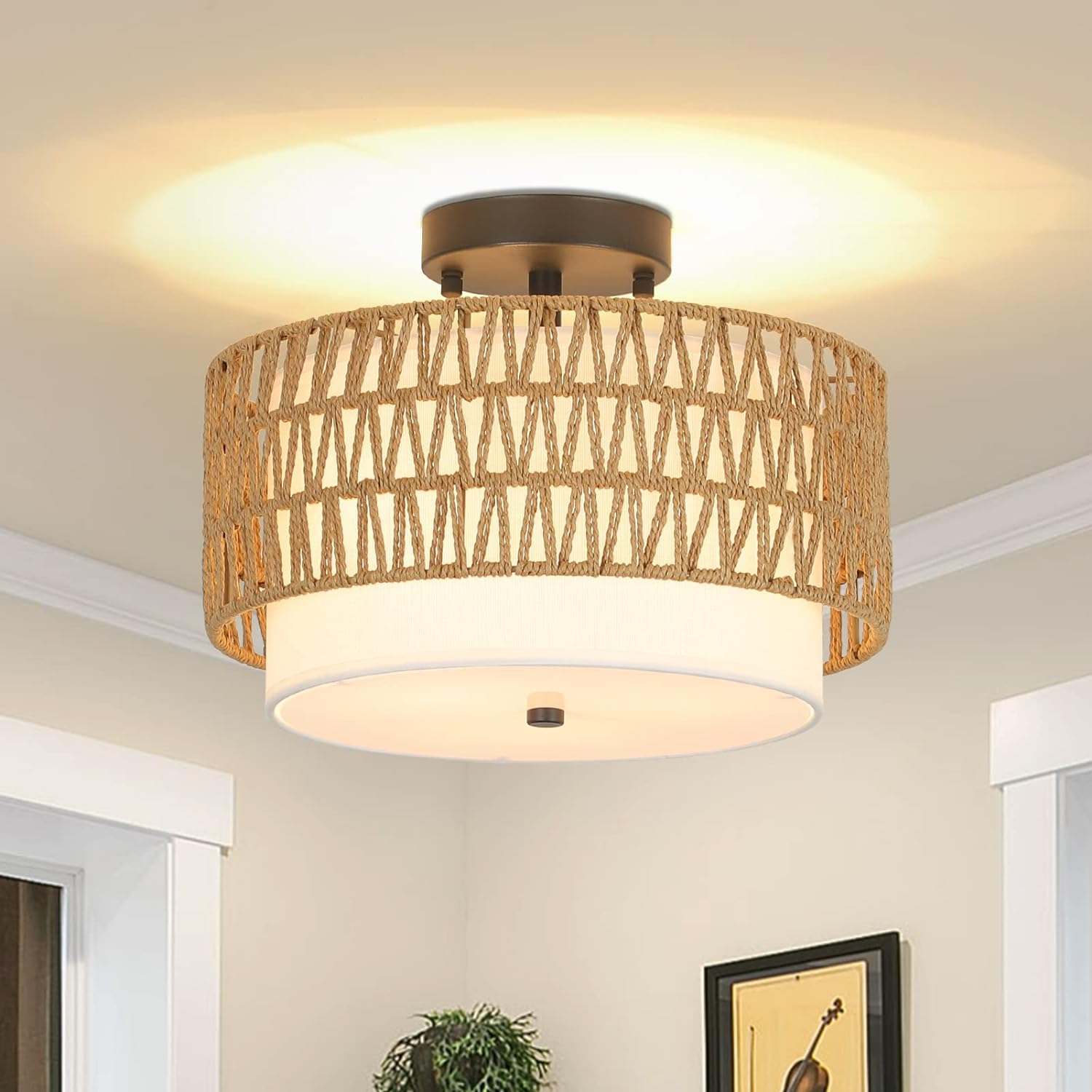 3-Light Semi Flush Mount Ceiling Light Fixture, Boho Rattan Light Fixtures Ceiling, Farmhouse Drum Light with Fabric Shade eprolo
