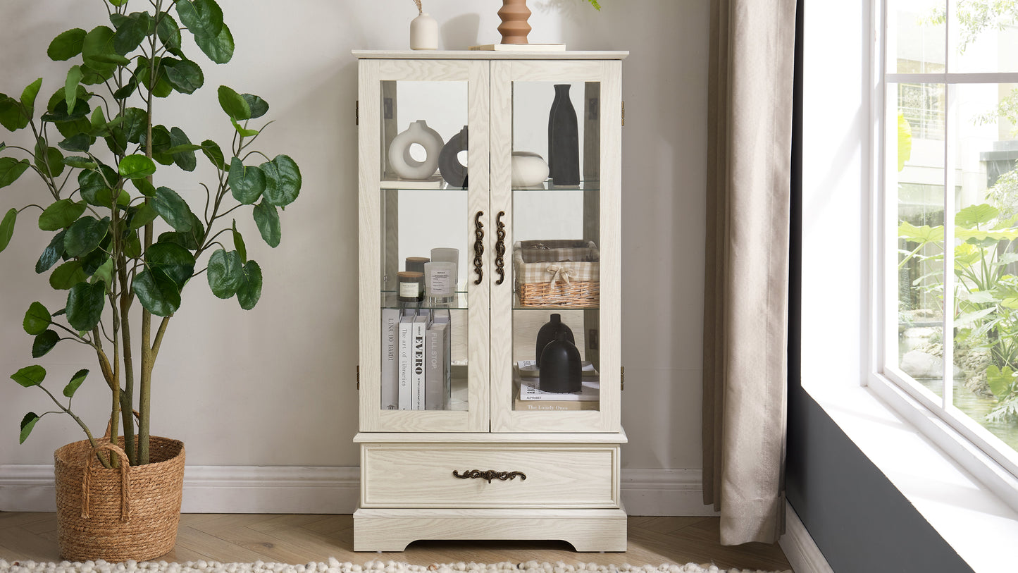 Light colored glass cabinet Curio display cabinet with adjustable glass frame, 2 doors and 1 drawer, including white light bulbs eprolo