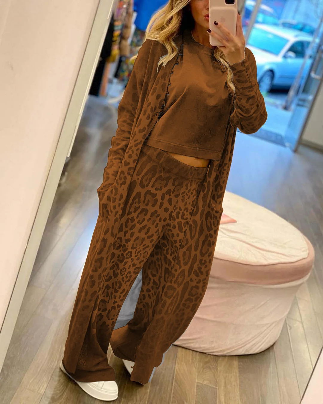 New leopard print long sleeved cardigan jacket, long pants set, two-piece set for women - Shello's Creative Boutique
