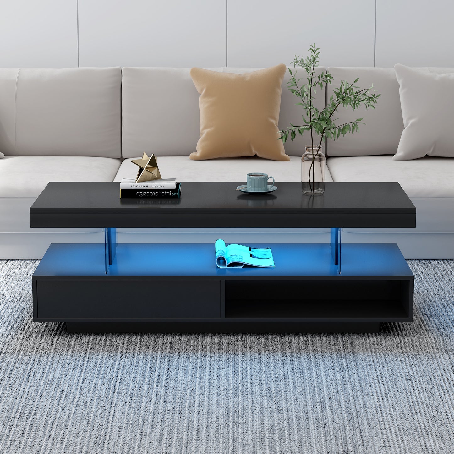 U-Can LED coffee table with storage space, modern central table with 2 drawers and display rack, equipped with LED lights, black eprolo