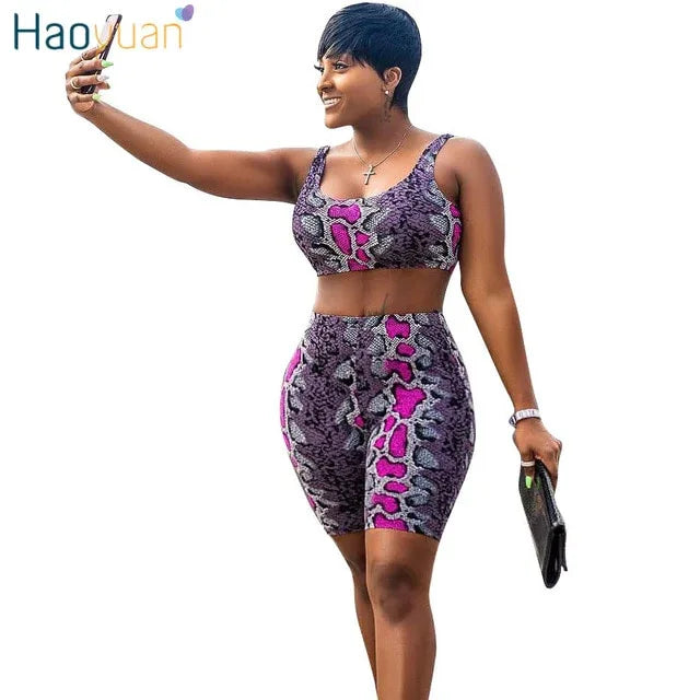 Snake Print 2 Piece Outfits for Women - Crop Top and Biker Shorts Tracksuit - Shello's Creative Boutique