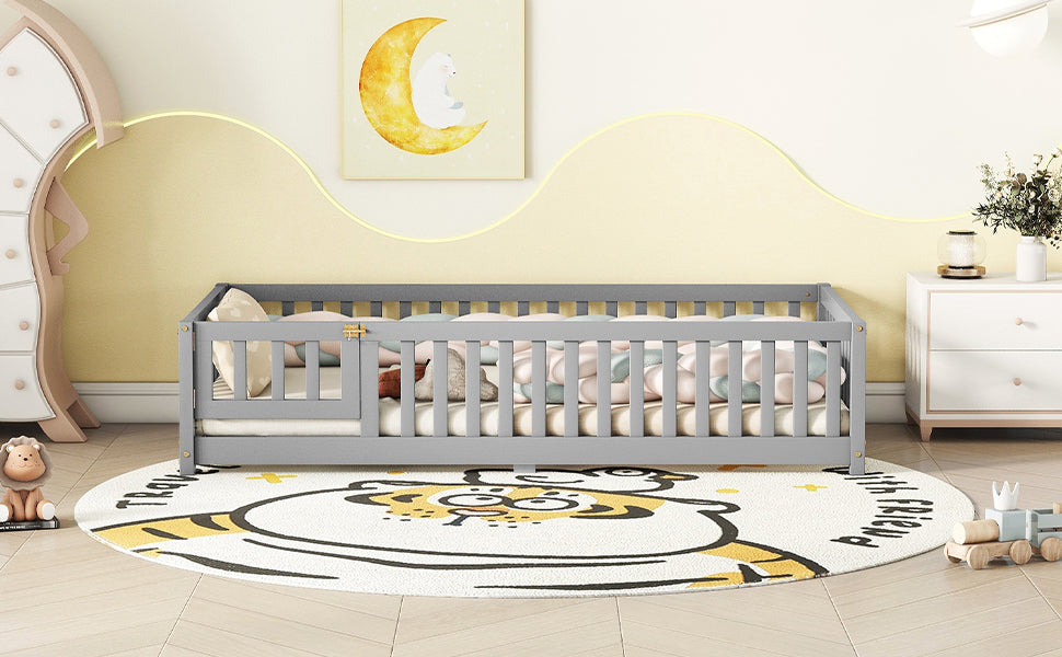 Twin Size Bed Floor Bed with Safety Guardrails and Door for Kids, Gray eprolo