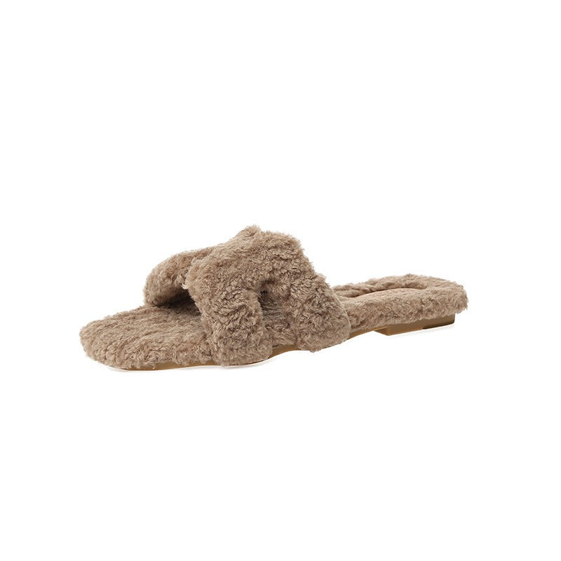 Wearing 7 colours lamb fur slippers for external wear women's H-shaped suede one line drag