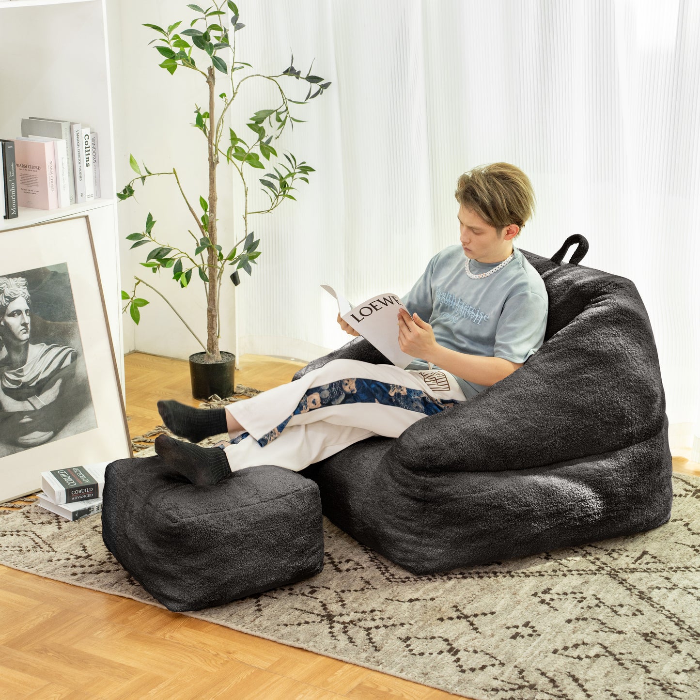 Beanbag chair with filler, beanbag sofa with tufted soft filler with memory foam, black eprolo