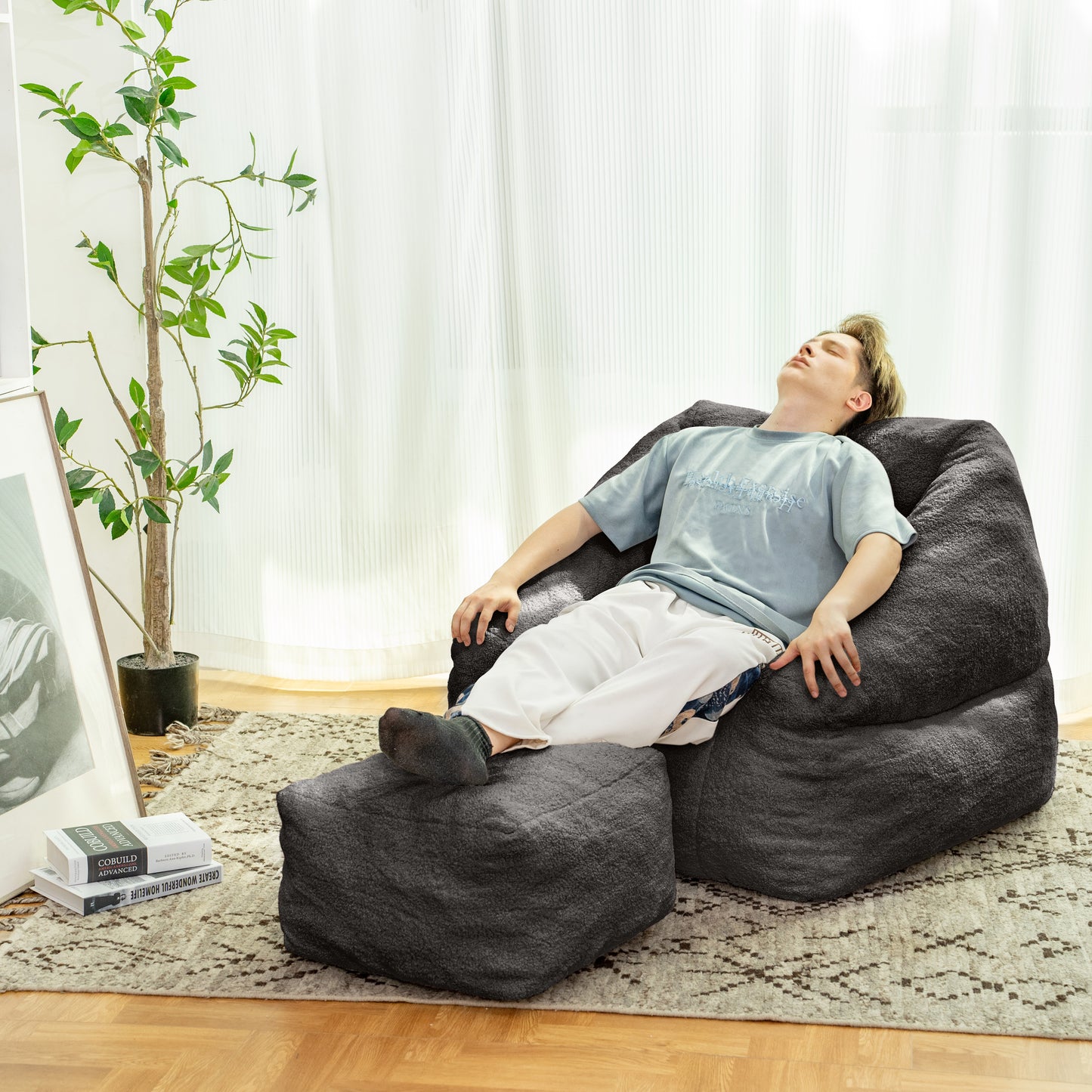 Beanbag chair with filler, beanbag sofa with tufted soft filler with memory foam, black eprolo