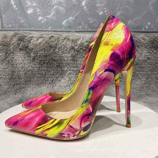 12cm heel Glossy Colourful Print Women Pointed Toe High Heels Stilettos Pumps