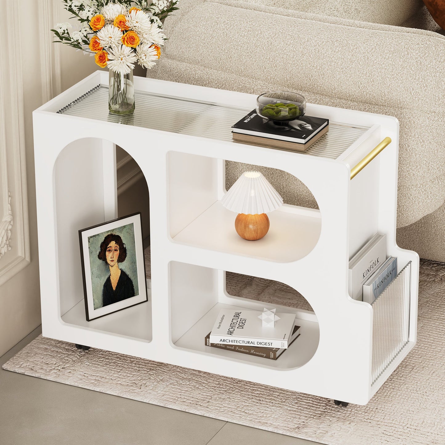 Stylish mobile desk with lockable wheels, white bedside table with 5mm thick grooved tempered glass and gold round bars eprolo
