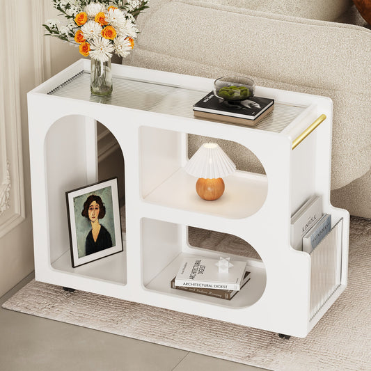 Stylish mobile desk with lockable wheels, white bedside table with 5mm thick grooved tempered glass and gold round bars eprolo