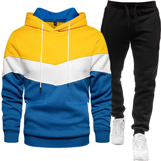 Men's three color hoodie sports suit, fashionable and casual, spring and autumn splicing hooded top, long pants two-piece set - Shello's Creative Boutique