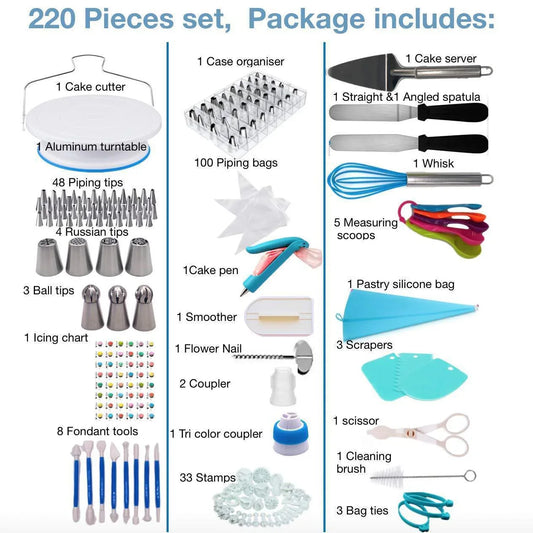 220-Piece Set Of Cake Turntables With Numbers Cake Piping Nozzles Baking Tools Fondant Molds - Shello's Creative Boutique