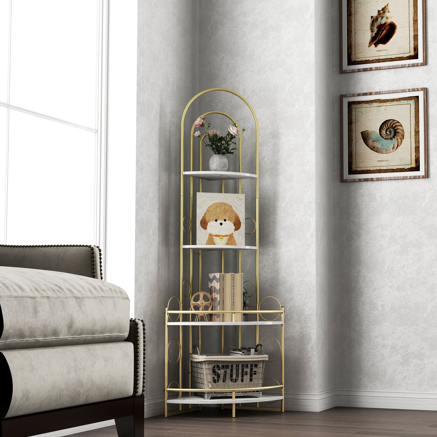Gold 4-Tier Corner Bookshelf, Modern Style, Plant Stand with Metal Frame eprolo