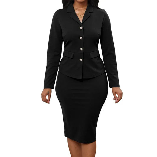 Women's elegant temperament solid color long sleeved jacket, hip hugging skirt two-piece set - Shello's Creative Boutique