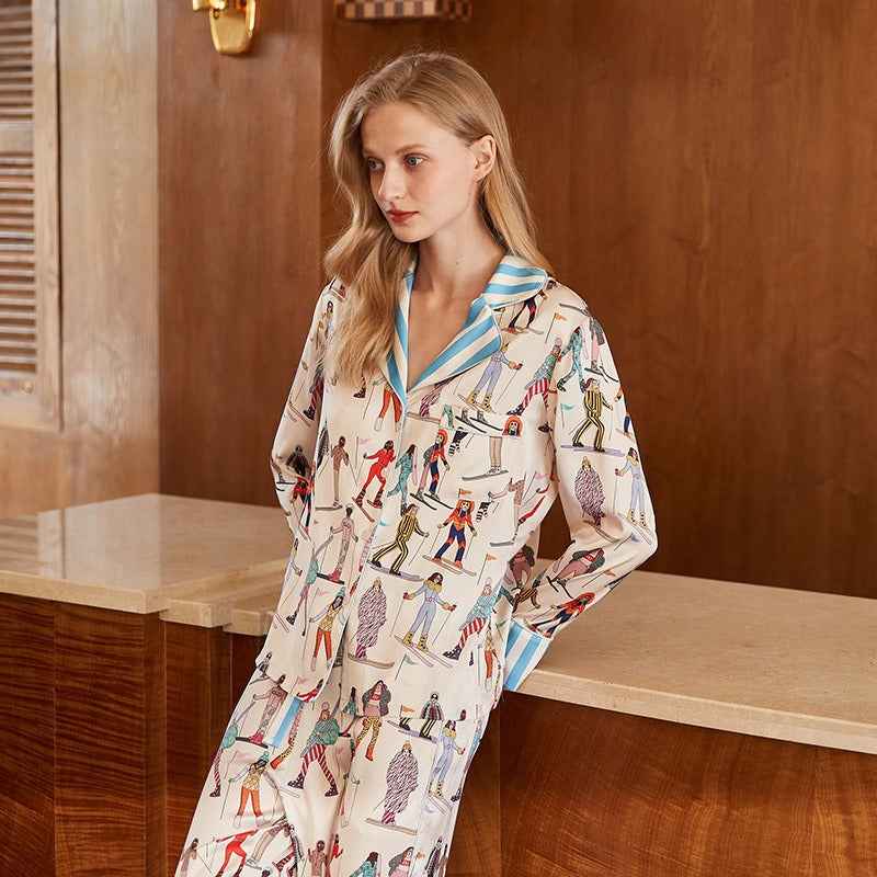 Ice silk pajamas women high end ins style lapel spring and autumn long sleeved home wear set