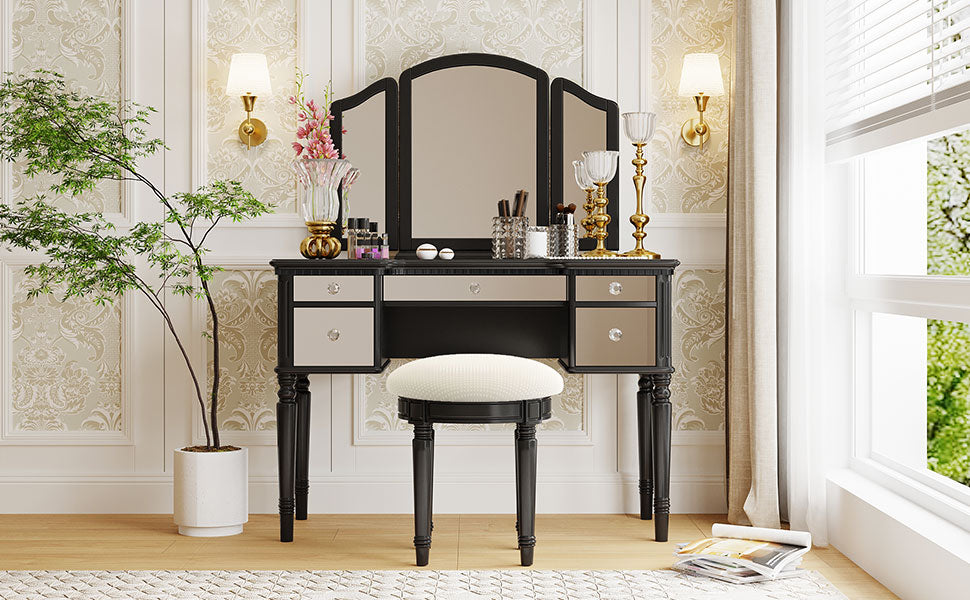 GO 43" Dressing Table Set with Mirrored Drawers and Stool, Tri-fold Mirror, Makeup Vanity Set for Bedroom, Black eprolo