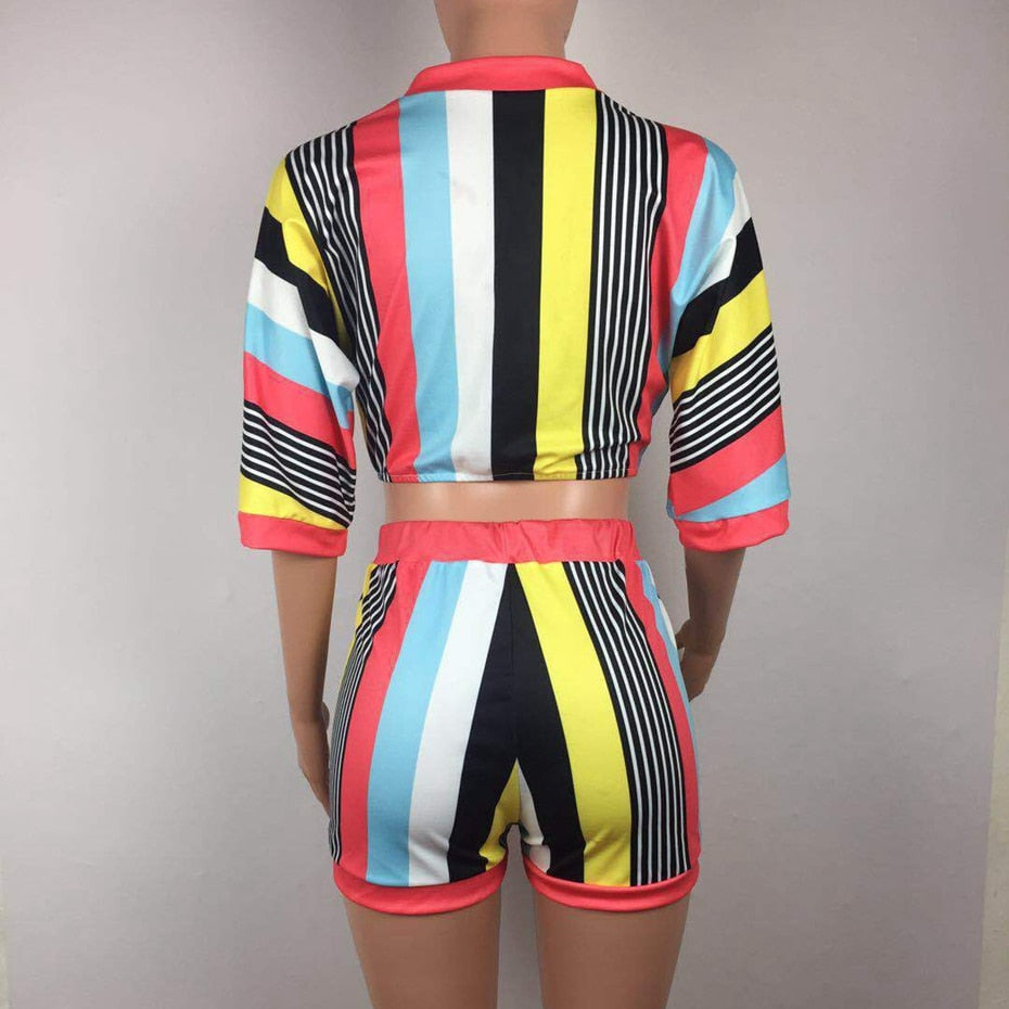 Women's Striped 2-Piece Summer Set - Chic Crop Top & Bodycon Shorts