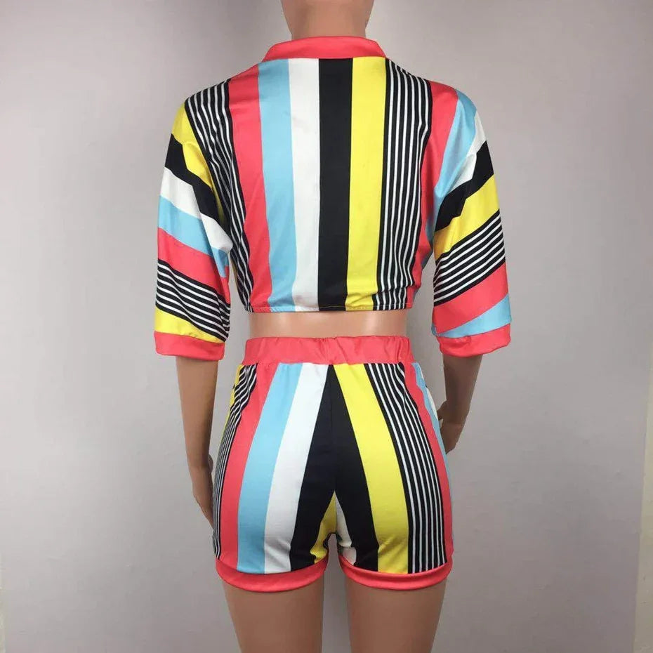 Women's Striped 2-Piece Summer Set - Chic Crop Top & Bodycon Shorts - Shello's Creative Boutique