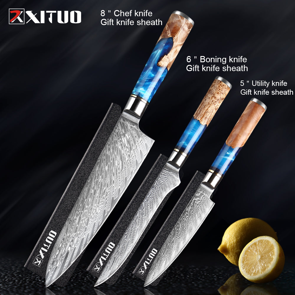 XITUO Kitchen Knives-Set Damascus Steel VG10 Chef Knife Cleaver Paring Bread Knife Blue Resin and Color Wood Handle Cooking Tool eprolo