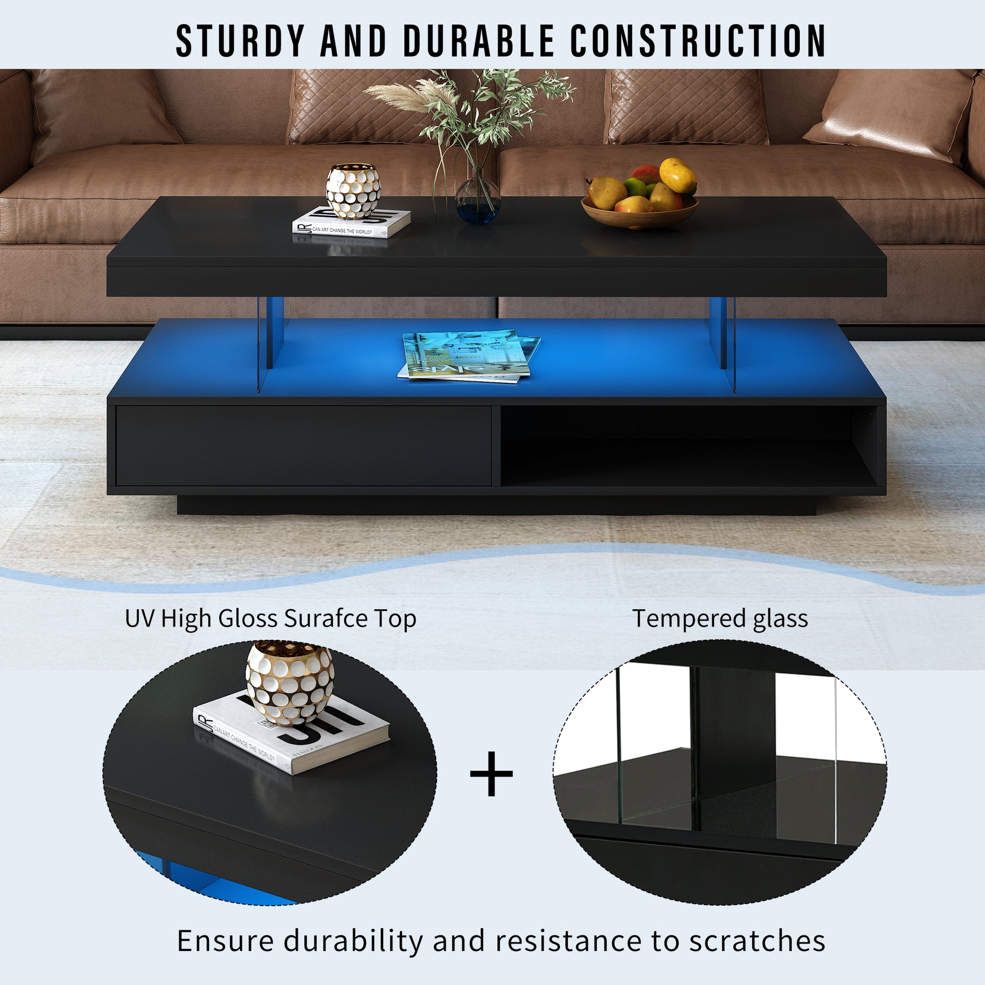 U-Can LED coffee table with storage space, modern central table with 2 drawers and display rack, equipped with LED lights, black eprolo