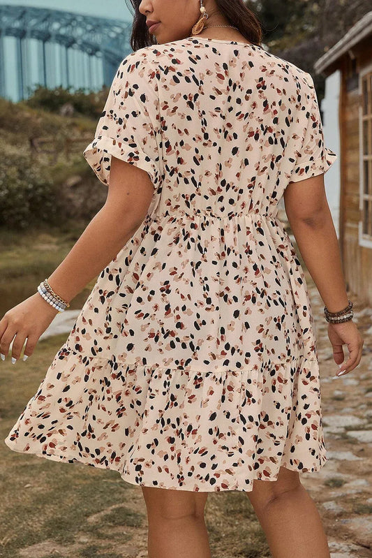 Beige Abstract Print Surplice V Neck Cuffed Sleeve Empire Waist Plus Size Dress - Shello's Creative Boutique