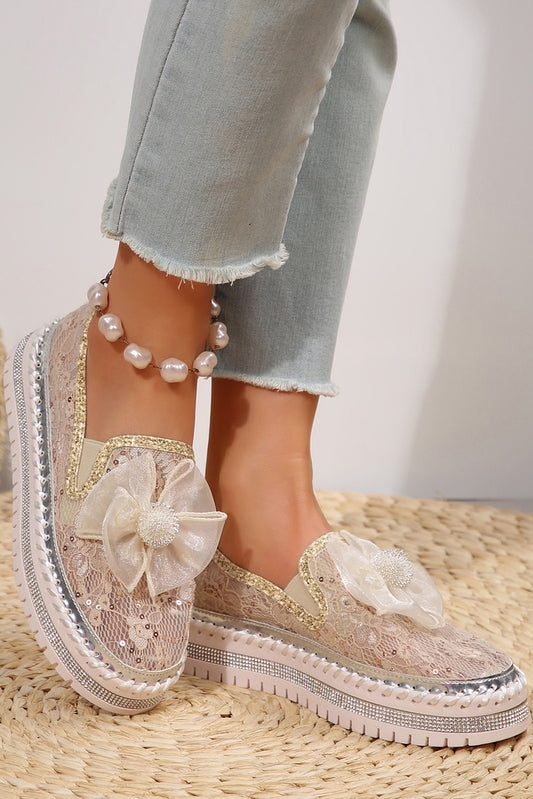 White Sequin Bow Casual Shoes - Thick Sole Platform Sneakers - Shello's Creative Boutique
