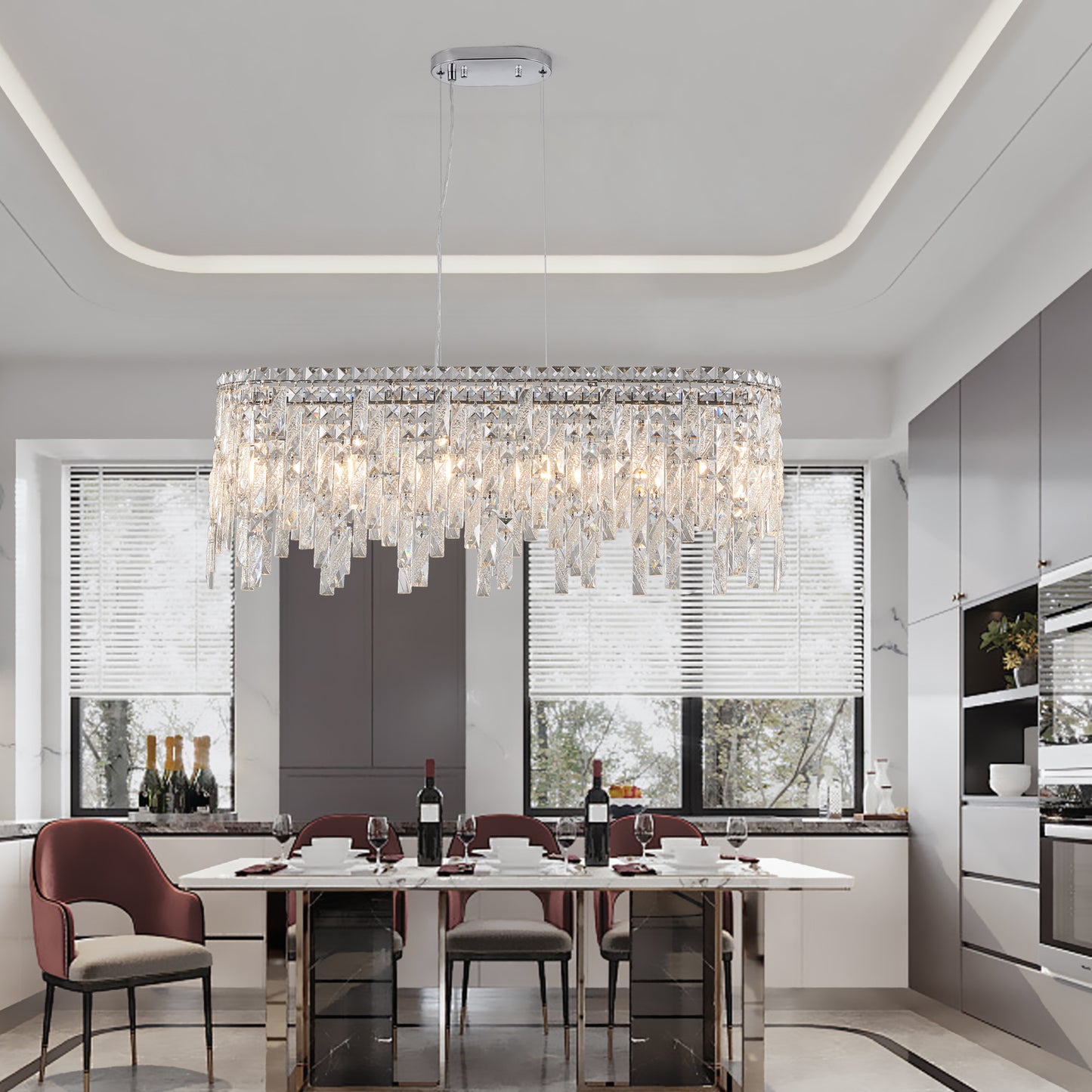 Silver elegant oval crystal pendant light, modern ceiling fixture with reflective suspended crystal (bulb not included) eprolo